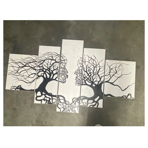 Tree Heads Kiss Canvas Painting Modern Abstract 5Pcs Black & White Wall Art